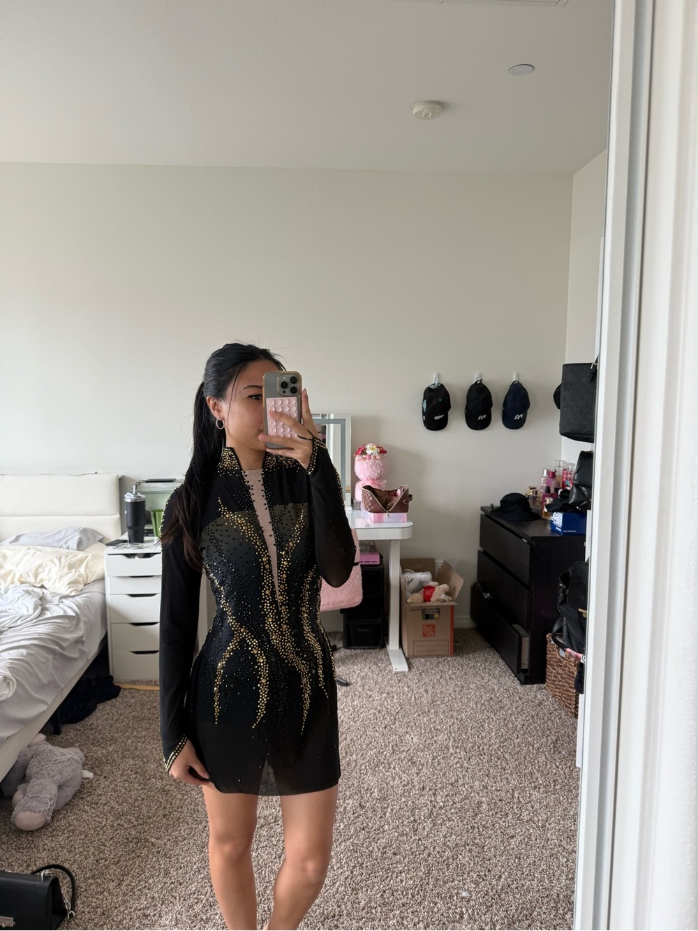 Black figure skating dress Adult Women's Black Long Sleeve Embellished ice skate